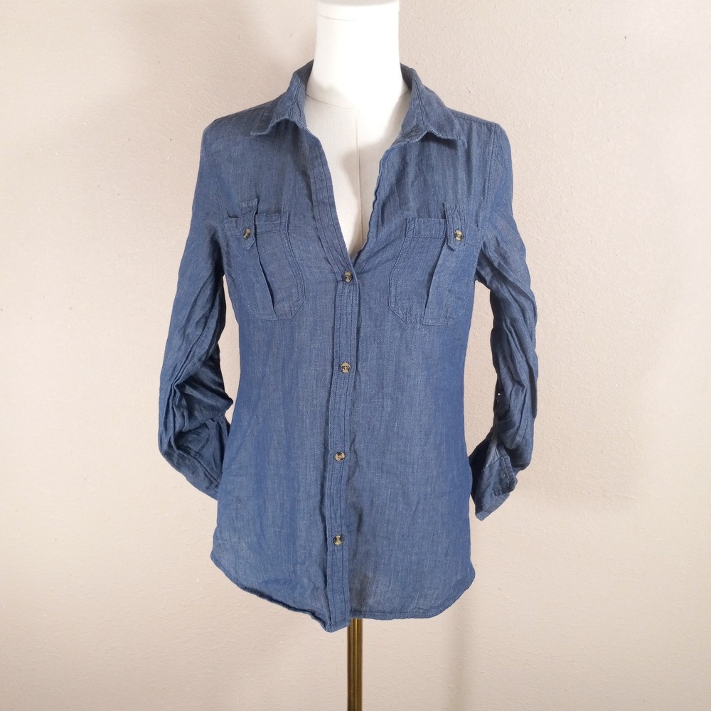 Old Navy Womens Small Blue Chambray Button Down Shirt Roll Tab Long Sleeve Top